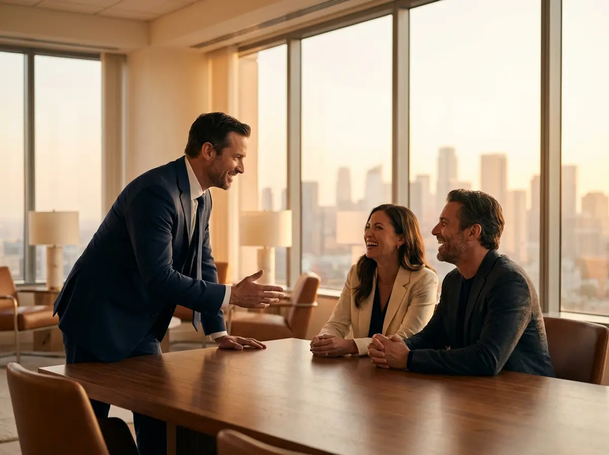 Financial advisor meeting with clients in a warm modern office
