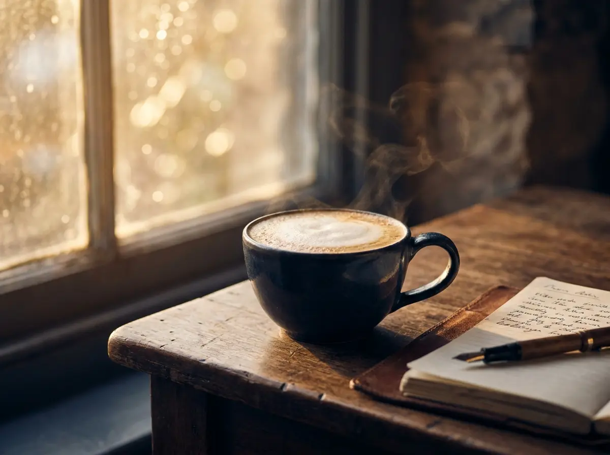 Steaming cappuccino beside a leather notebook in morning light