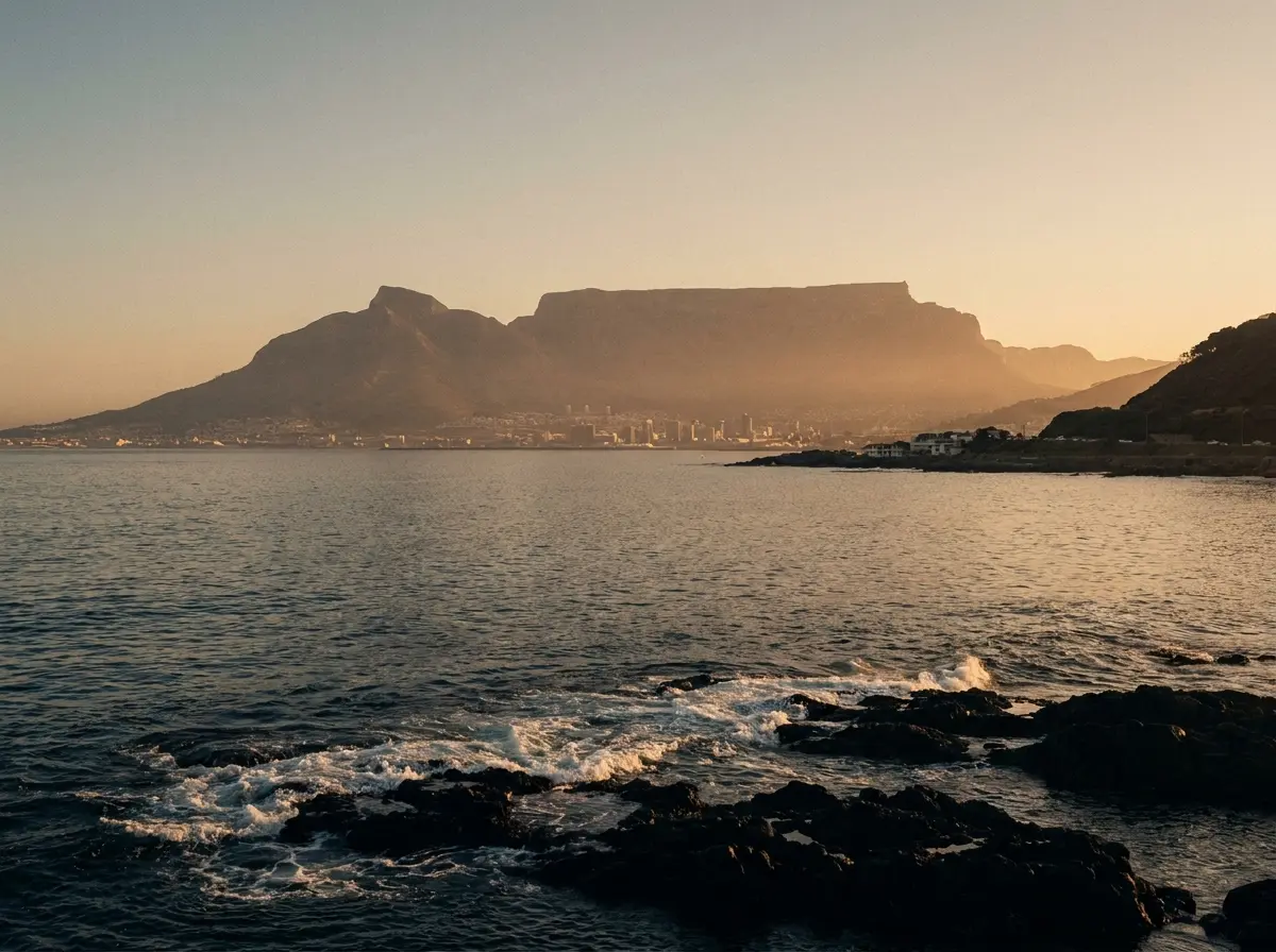 Table Mountain and the Cape Town coastline at golden hour